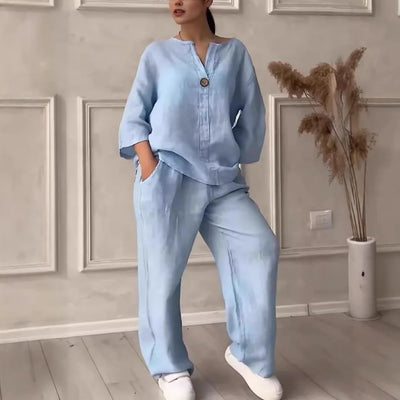 Comfortable Loose Cotton Linen Women's two pieces set Top Wide Leg Pants Casual  Fashion Set Suits Spring Summer Wear Outfits