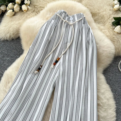 Pant Women Wide Leg Long Pants Striped Casual Loose High Waist Straight Trousers Y2k Streetwear Elegant Splice Work 2025 Capris