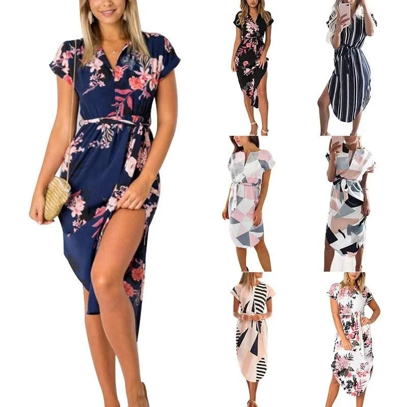 Women's Summer Casual Short Sleeve Print V Neck Maxi for Summer (Party, outdoors Dress)
