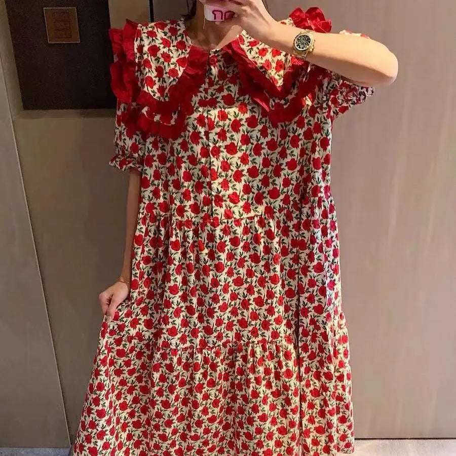Summer Dress Women 2022 Chic Design Red Rose Print Peter Pan Collar Vintage Flowers Long Dress Puff Sleeve Maxi Cotton Dress