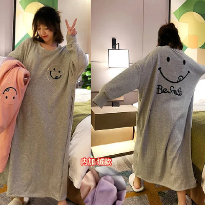 Female Loungewear Smiley Face Autumn Winter German Fleece Thickened Warm Long Nightgown Women Wearable Outdoors Lady Pajamas