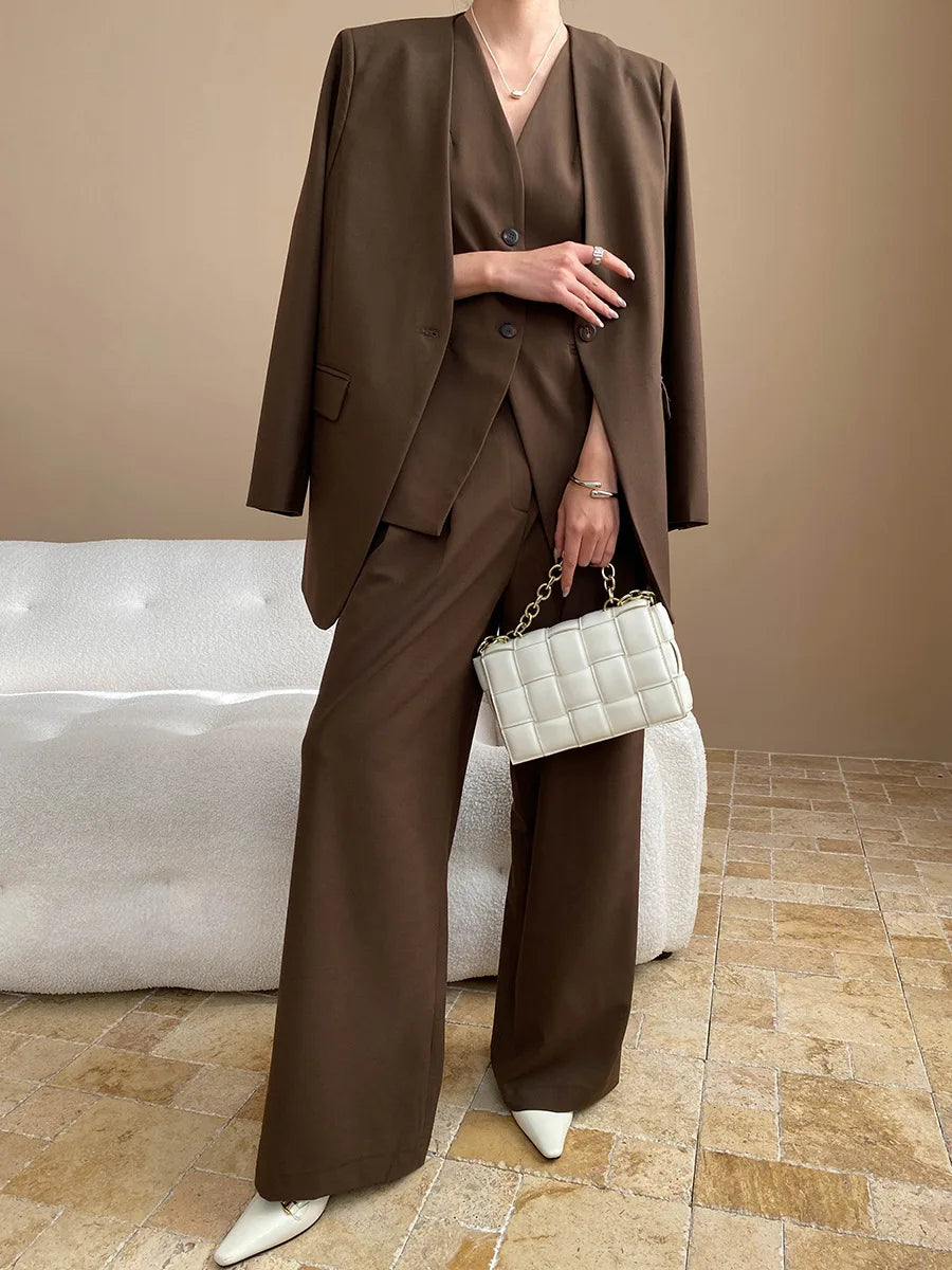 Spring and Autumn Women's Casual Solid Color Loose Jacket+V-neck Vest+Wide Leg Pants Set
