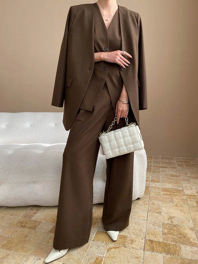 Spring and Autumn Women's Casual Solid Color Loose Jacket+V-neck Vest+Wide Leg Pants Set