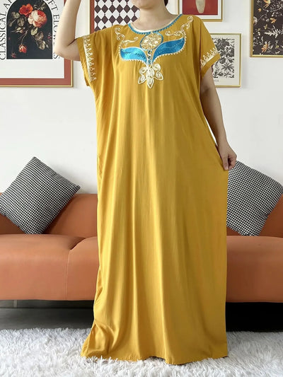 New Dubai Lady Party Summer Solid Cotton Dress with Scarfs African Dashiki Women Maxi Cotton Embroider Loose Vestidos