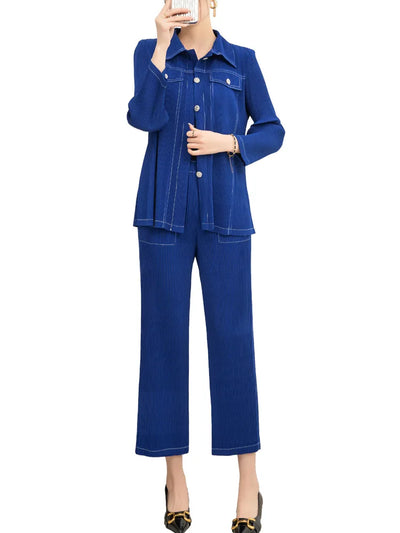 Wrinkle fashion casual suit for women high-end and casual loose fit plus size shirt collar top straight leg pants [20240514]