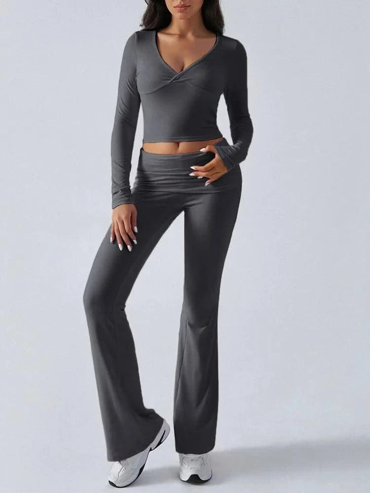 Women's Sexy Suits 2025 Autumn Winter Latest Casual Solid Color Yoga Suit Slim Fit Sports Knit Long Sleeved Pants Two-Piece Set