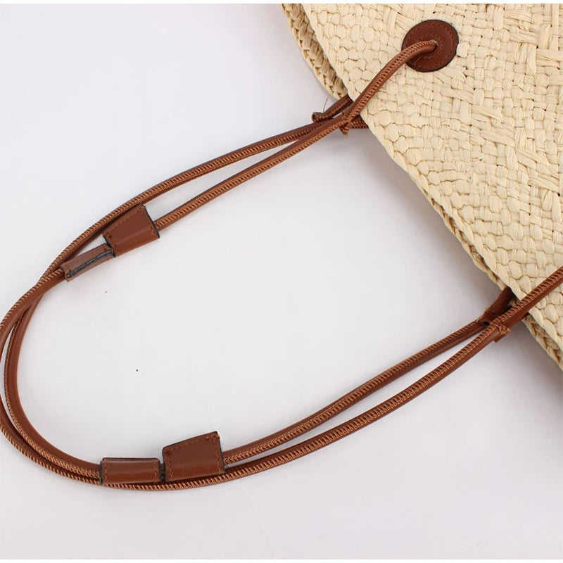 Designer Bohemian Chic Shoulder Bag,Solid Color Large Capacity Straw Woven Tote Bag,Nature-Inspired Beach Vacation Women Handbag