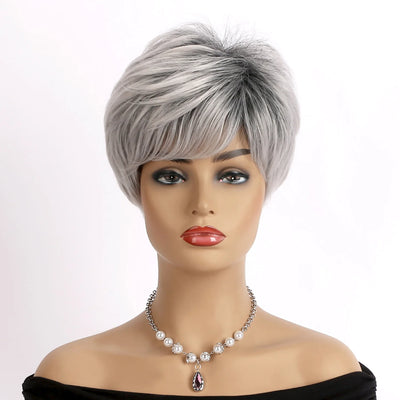Short Grey Human Hair Wigs for Women Natural Pixie Cut Synthetic Wig Daily Hair