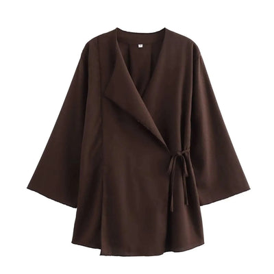 TFMLN Fashion Linen 2 Pieces Women 2024 Spring Summer Kimono Style Loose Lace Up Shirts Tops Women's Wide Leg Pants Sets