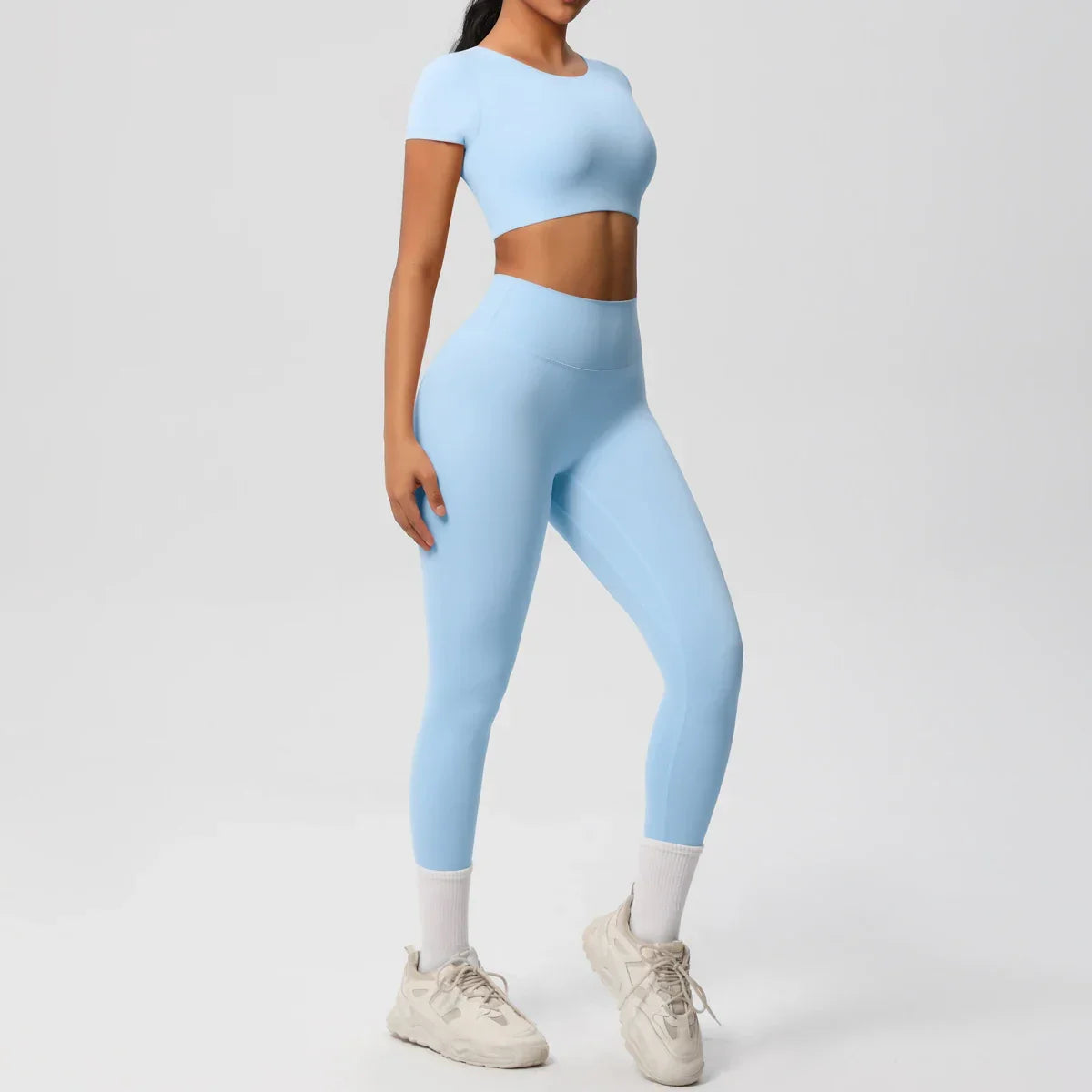Yoga Set 2 Pieces Women Tracksuits Workout Sportswear Gym Clothing Fitness Short Sleeve With Padded High Waist Leggings Suits