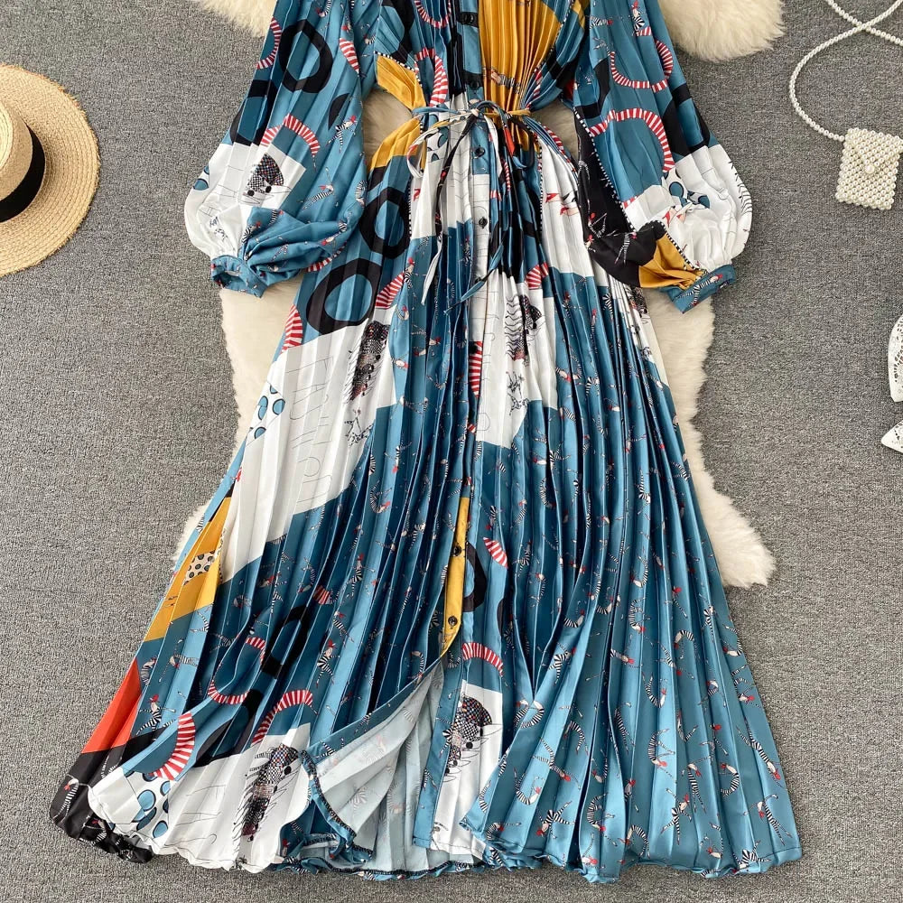 Retro Print Elegant Pleated Lace-up Chiffon Long Sleeve Dress A-line Blouse French Casual V-neck High Waist Women Summer Dresses