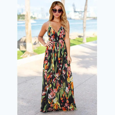 Floral Dress Women's Summer Dress Sexy Backless V-neck Suspender Long Dress