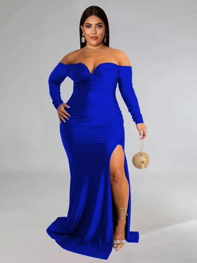 Wmstar Plus Size Party Dresses for Women Off Shoulder V Neck Slip Hem Elegant Full Length Maxi Dress Wholesale Dropshipping 2022