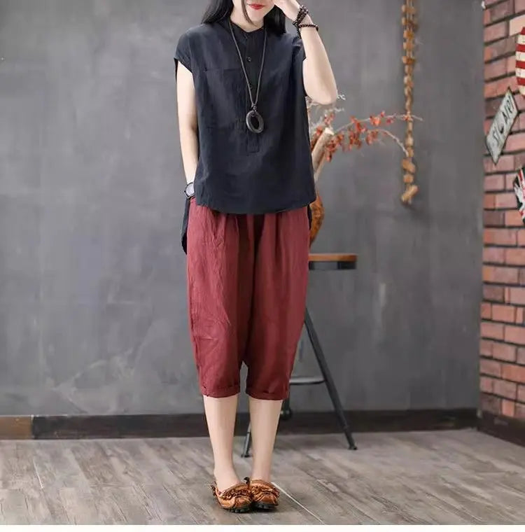 Artistic Style Cotton Linen Short Sleeves Shirt for Women Summer Solid Loose Stand Collar Temperament Top Fashion Women Clothing