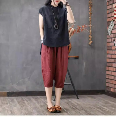 Artistic Style Cotton Linen Short Sleeves Shirt for Women Summer Solid Loose Stand Collar Temperament Top Fashion Women Clothing