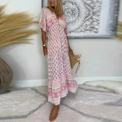 Summer Dress Women 2024 Short Sleeve Floral Print Bohemian Long Dress Spring V Neck Lace-up Tassel Backless Party Dress Vestidos