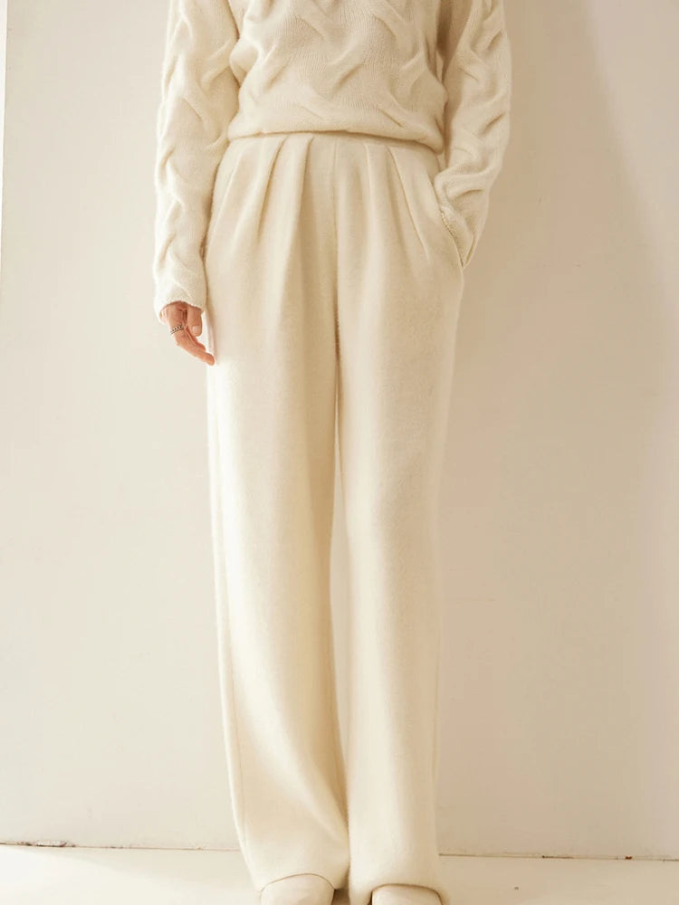 ADDONEE Women 100% Cashmere Pants Pleated Waist Wide Leg Pants Casual Simple Style Autumn Winter Cashmere Knit Trousers Luxury