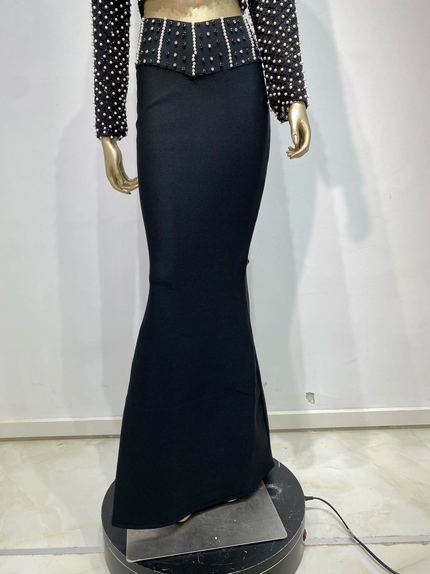 Women Luxury Pearl Sequin Embroidery Bandage Outfits Dress Long Sleeve Crop Top Long Flare Skirt 2 Pieces Set Evening Party