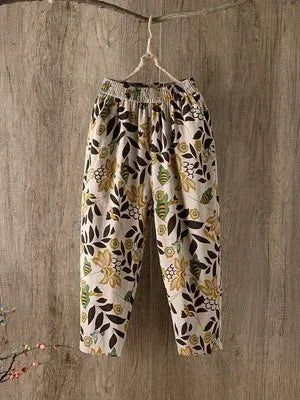 Fashion Printed Cotton Linen Harem Pants for Women 2025 Summer Casual High Waist Calf-Length Loose Trousers Female Streetwear