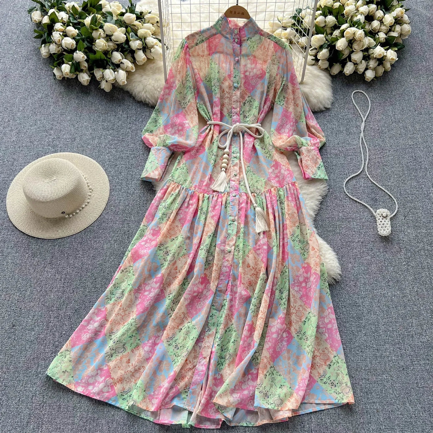Long Dress Women Dresses A Line Chiffon Vestidos Stand Collar Streetwear Floral Print Elegant Splice Y2k Party Night High Waist