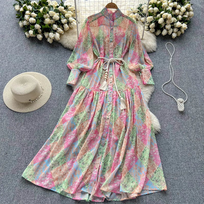 Long Dress Women Dresses A Line Chiffon Vestidos Stand Collar Streetwear Floral Print Elegant Splice Y2k Party Night High Waist