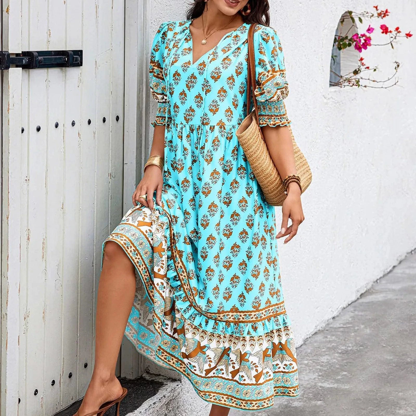 dresses for women Fashion summer Casual long dresses Bohemian V-Neck Printed High Waisted Big Swing Dress vestidos cortos