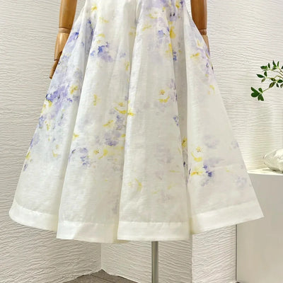 Overlap Pleats 2025 New Floral Print Linen Silk High Quality Spring Summer Sleeveless Shirred Strapless Women Midi Dress