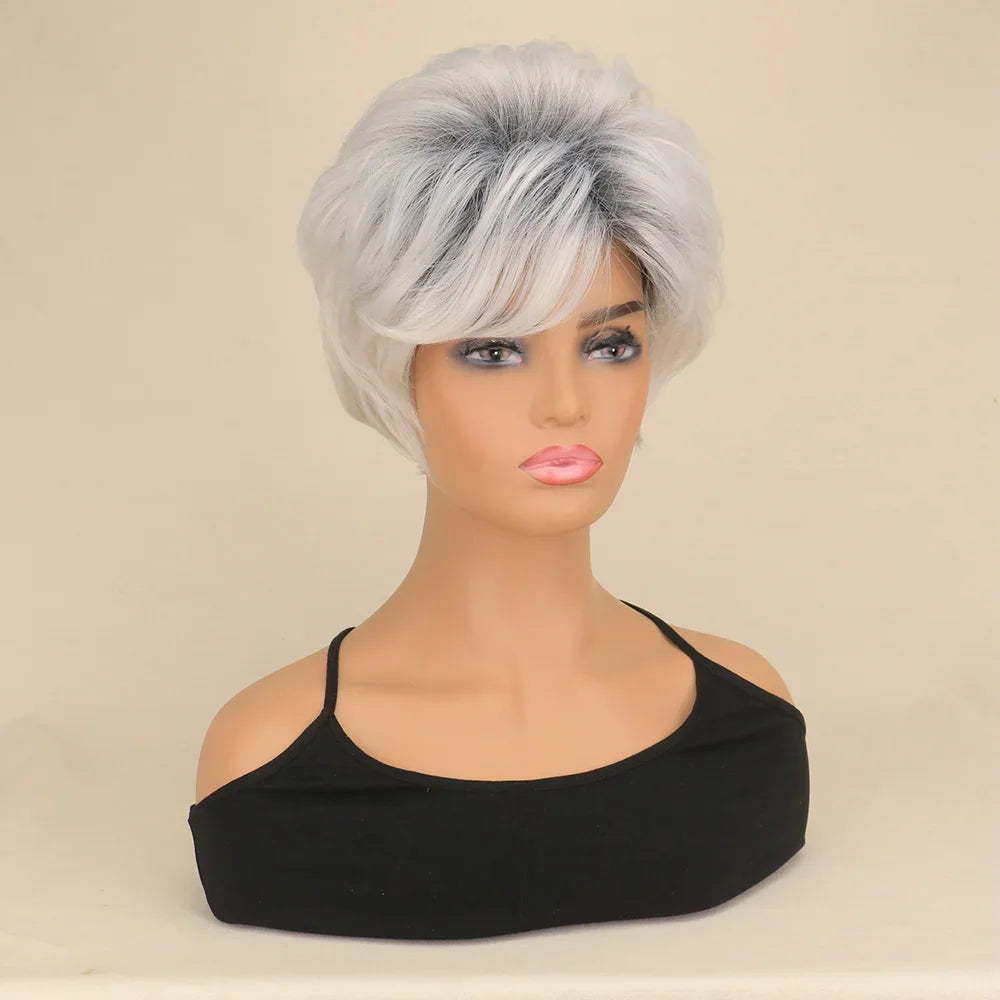 Women Short Hair Women Synthetic Wigs Mixed Gray White Pixie Cut HighLights Hair Wig Heat Resistant Fiber Wigs