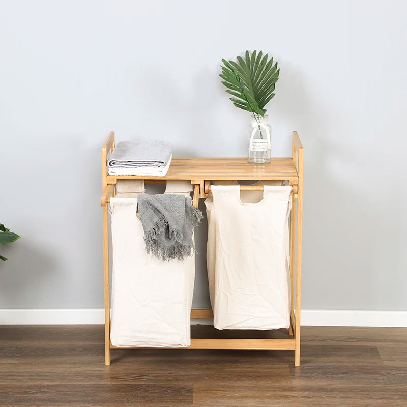 Double Laundry Hamper with Shelf Wooden Storage Bin with Removable Bags 2 Sections Organize Sorter Bamboo Basket with Handles