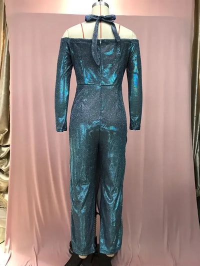 Jumpsuit for Women 2024 Spring Double Sided Sequin Large Skirt with A Bra V-Neck Long Jumpsuits Office Long Pant Swing Jumpsuit