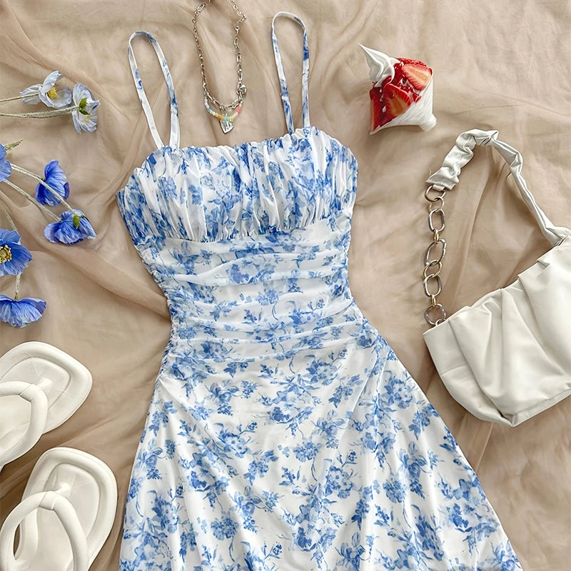 New French Floral Slip Dress for Women Spring Summer Sexy Temperament Backless Mini Dresses Vacation Style Sling Beach Skirt