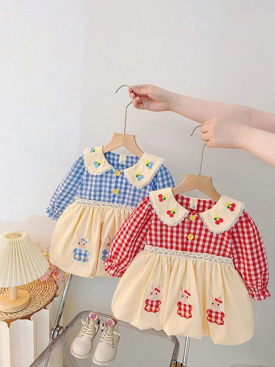 Rabbit Embroidery Cherry Lace Checkered  Peter Pan Collar Dress For Toddler |Girl  1-4Y Infant Girl Princess Dress|New Arrival