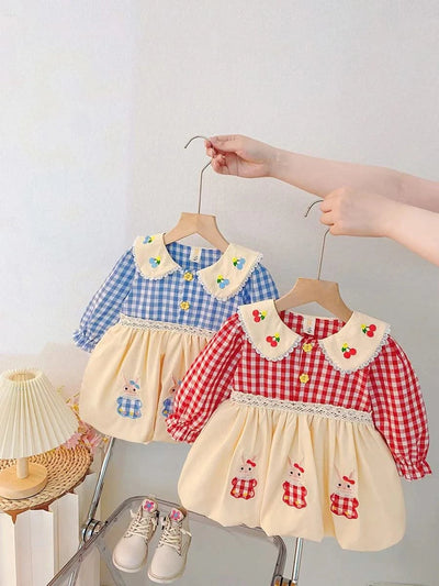 Rabbit Embroidery Cherry Lace Checkered  Peter Pan Collar Dress For Toddler |Girl  1-4Y Infant Girl Princess Dress|New Arrival