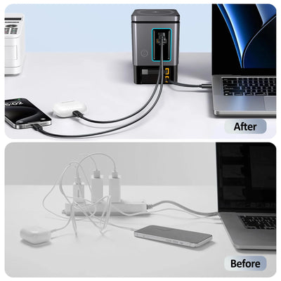 105W Charging Station With Retractable USB-C Cable Power Combo USB C Power Strip for Multiple Devices Wireless Charging 15W