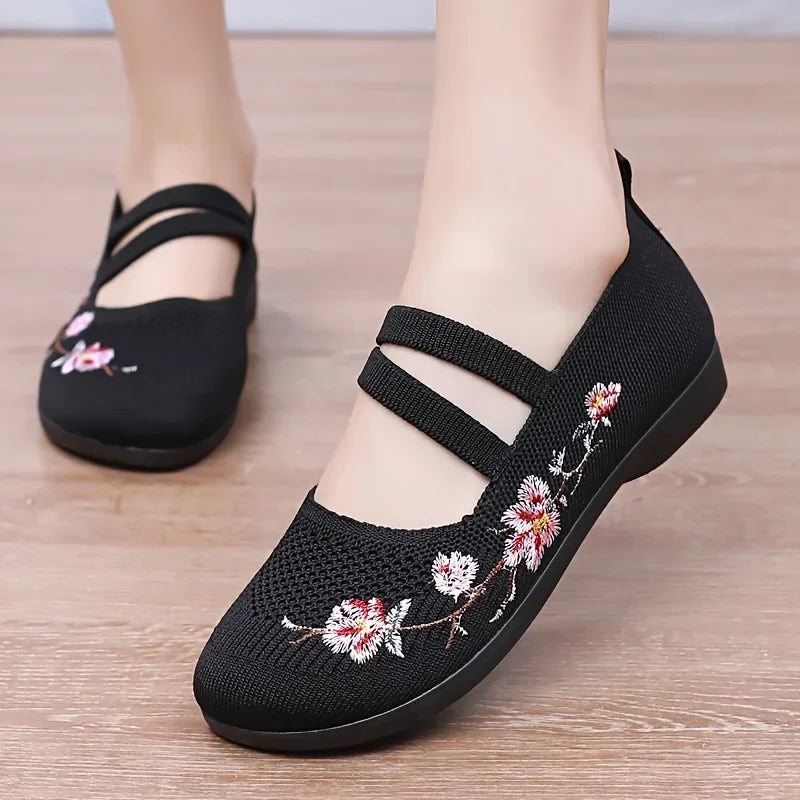 women's shoes Slip-on Flat Embroidered Shoes, Soft Sole Elastic Mom Shoes - women's summer shoes free shippiing shoes