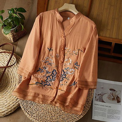 3/4 Sleeve Cotton Linen Shirts For Women 2025 Summer Boho Retro Embroidered Tops Dressy Casual Trendy Vacation Blouse Y2K Tops