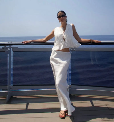 Fashion Bow Lace Up Shirts Women Cotton Linen Hollow Out Sleeveless Pleated Blouses Woman 2025 Summer New Casual Lady White Tops