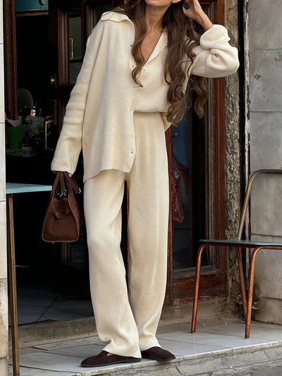 2025 Autumn Street Outfits Knitted Cardigan Pants Sets Women Single Breasted Lapel Sweater High Waist Wide Leg Trousers Suit