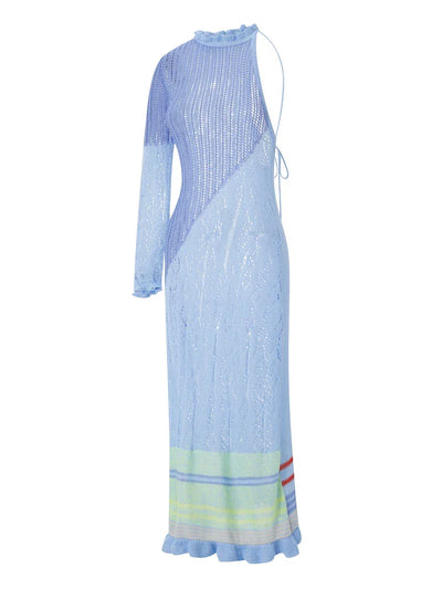 Crochet Knitted Dress for Women Contrast Hollow-Out See-Through One Shoulder Long Sleeve Beach Dress Bikini Cover-Ups