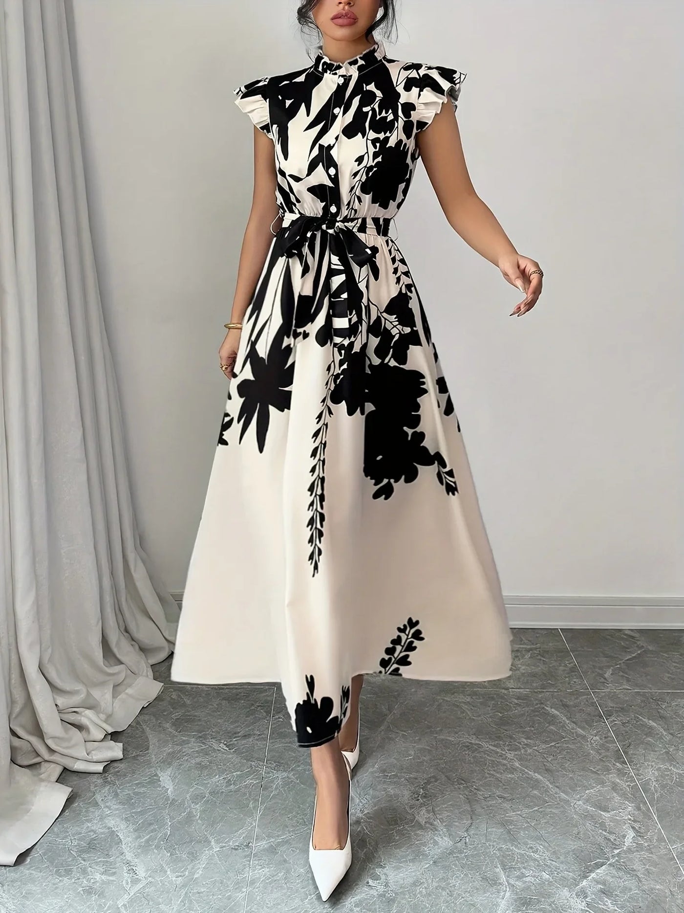 Summer Dress Women Flower Floral Print Fashion Elegant Ladies Dresses Slim High Waist Ruffle Pleated Woman Dress