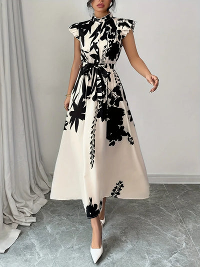 Summer Dress Women Flower Floral Print Fashion Elegant Ladies Dresses Slim High Waist Ruffle Pleated Woman Dress