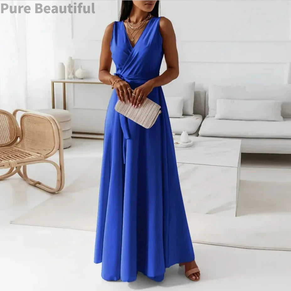 Women's Elegant Solid long dresses Casual Sleeveless High Waist Sexy Evening Formal dresses Fit And Flare Dresses For Women