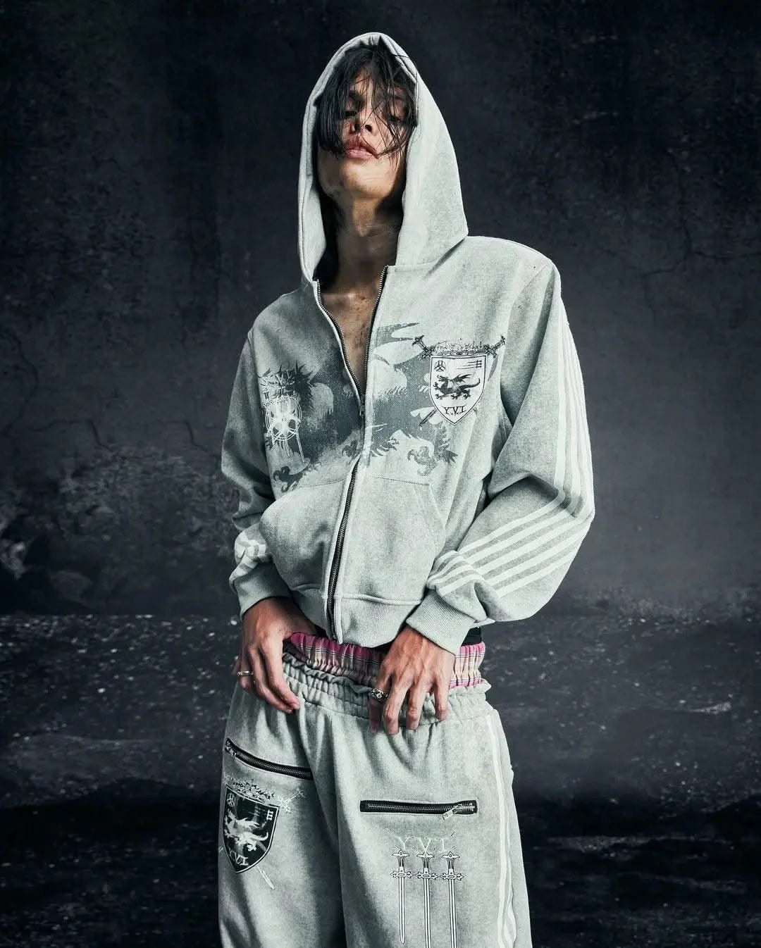 Sexy European and American printed striped hooded sweatshirt with zipper, pink men's and women's sports loose sweatshirt jacket