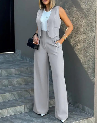 Trousers Suit Women's Vest Trousers Suit Elegant Loose Regular Work Suit High Waist Wide-leg Trousers 2-piece Street Suit