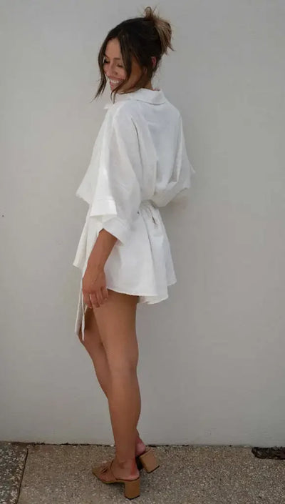 Women's Jumpsuit Spring/summer New Style With Collar Mid Sleeves Waist Strap Fashionable Loose Short Style Solid Color Jumpsuit