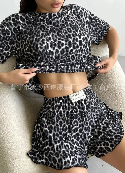 Women Pajamas Sleepwear Set Crewneck Short-sleeved T-shirt And Shorts S M L XL Brown Leopard Print Casual Comfortable Loungewear