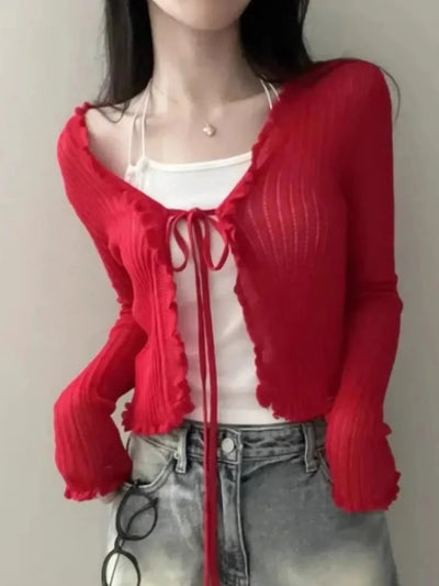 Ruffled Trim Tie Front Long Sleeve Crop Top Women Long Sleeve Open Front Ribbed Knit Cardigan Sweater Summer Fairycore Outfit