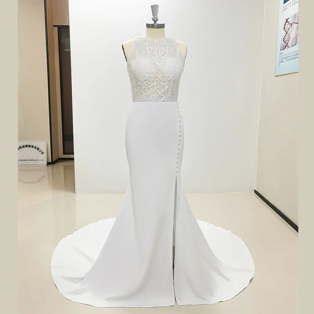Mermaid Sleeveless Wedding Dresses for Women Sexy Side Slit Round Neck Bridal Gowns Vestidos Elegantes Para Mujer Robe De Mariée