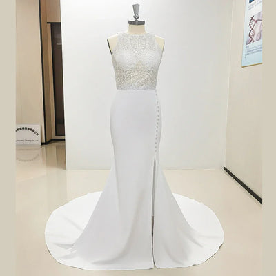 Mermaid Sleeveless Wedding Dresses for Women Sexy Side Slit Round Neck Bridal Gowns Vestidos Elegantes Para Mujer Robe De Mariée