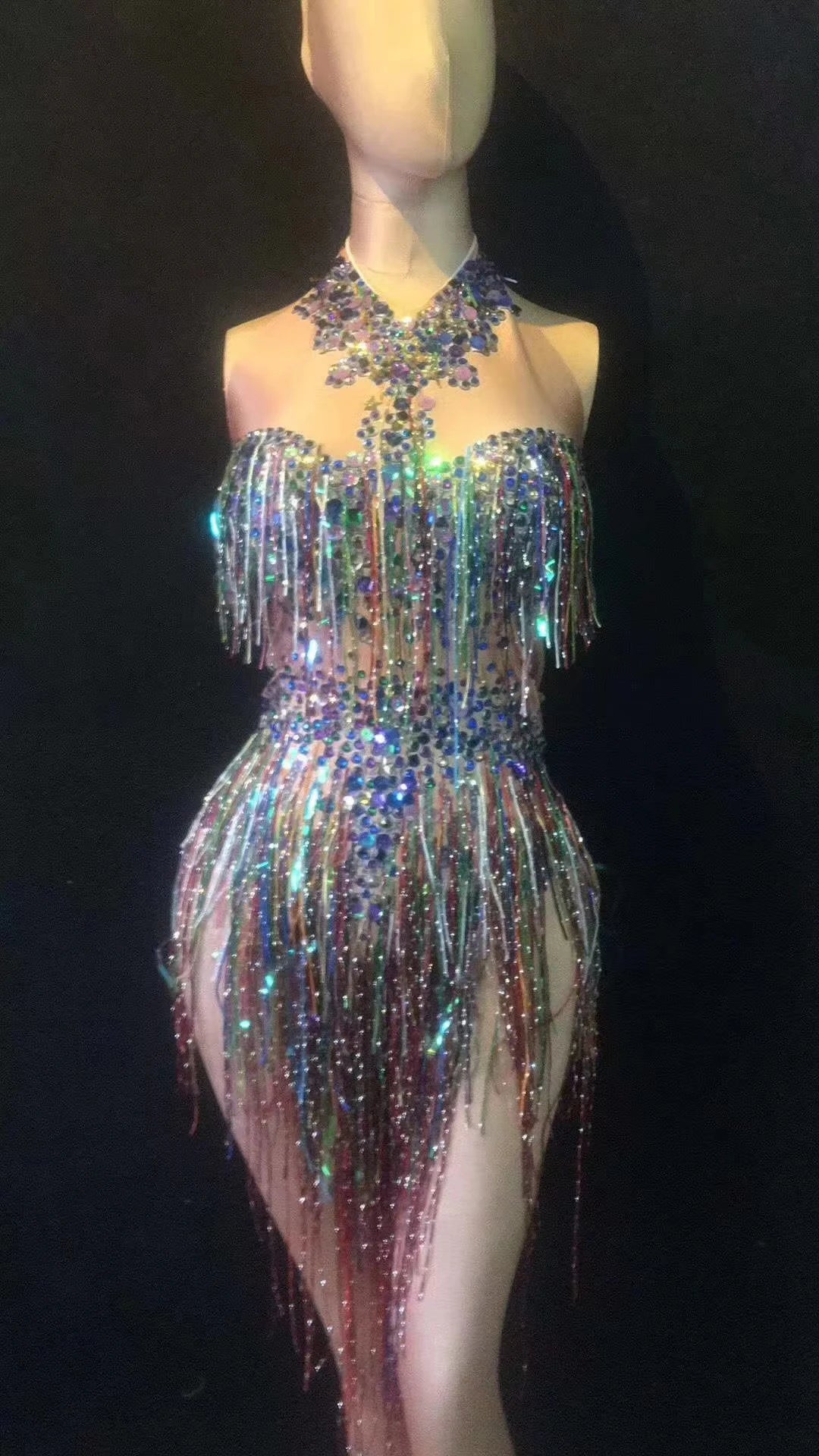 Women Sexy Waist Hollow Bodysuit Colorful Tassel Rhinestone Jumpsuits Holiday Party Dress Ds Dj Nightclub Bar Singer Dance Dress